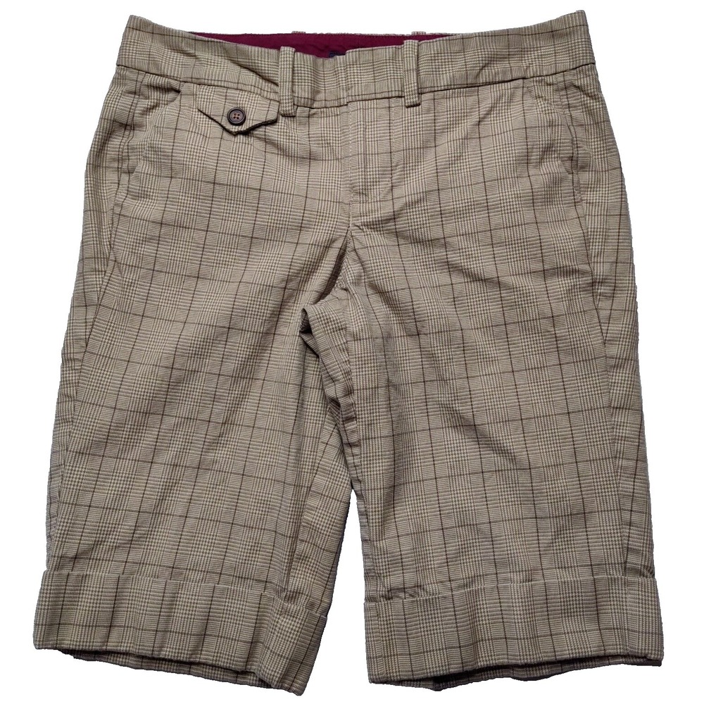 TOMMY HILFIGER Women Size 4 Brown Plaid Cotton 13" Cuffed Bermuda Shorts